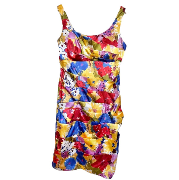 Bisou Bisou By Michele Bohbot Floral Yellow Red Silky Satin Layered Dress - Picture 1 of 6